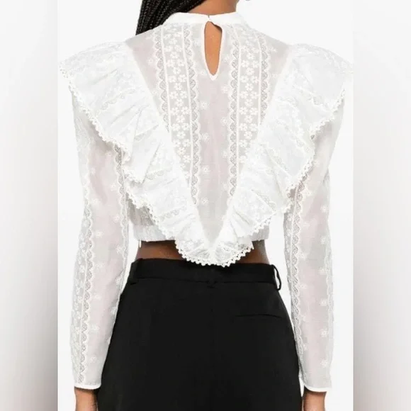 Sandro Shena Floral-Embroidered Crop Blouse in White Size 8 - Picture 3 of 10